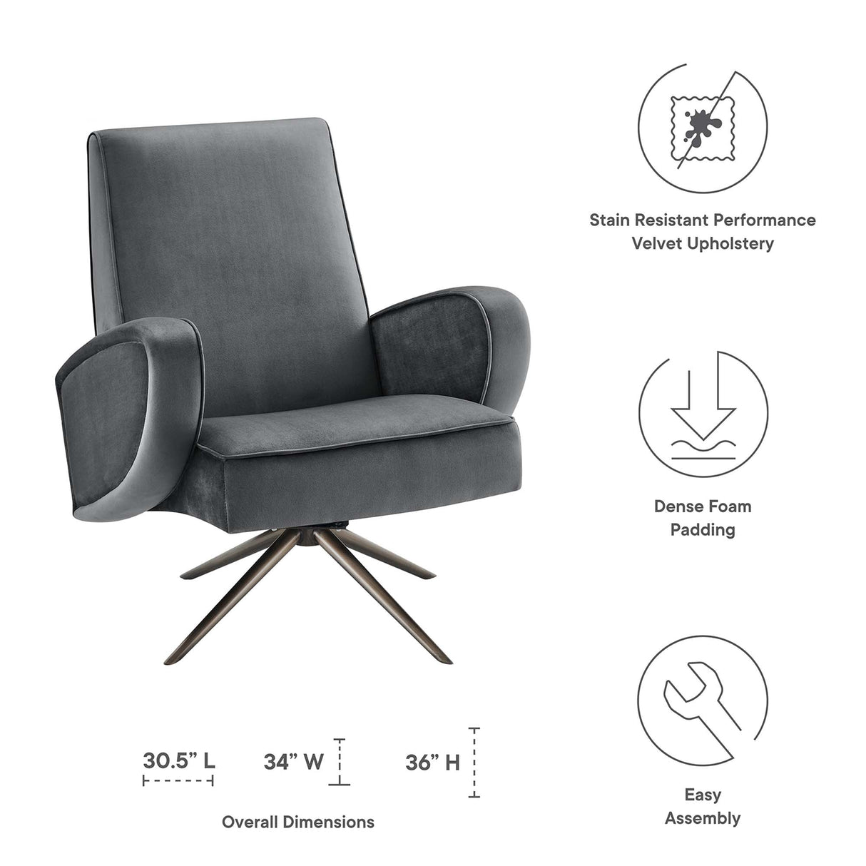 Superior Performance Velvet Swivel Chair - Mid-Century Modern & Stain-Resistant