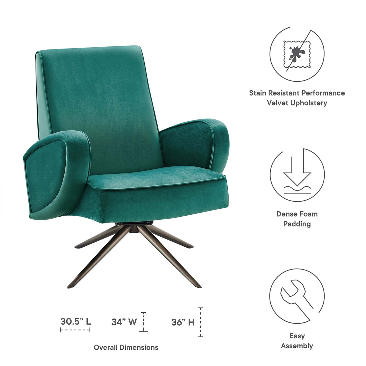 Superior Performance Velvet Swivel Chair - Mid-Century Modern & Stain-Resistant