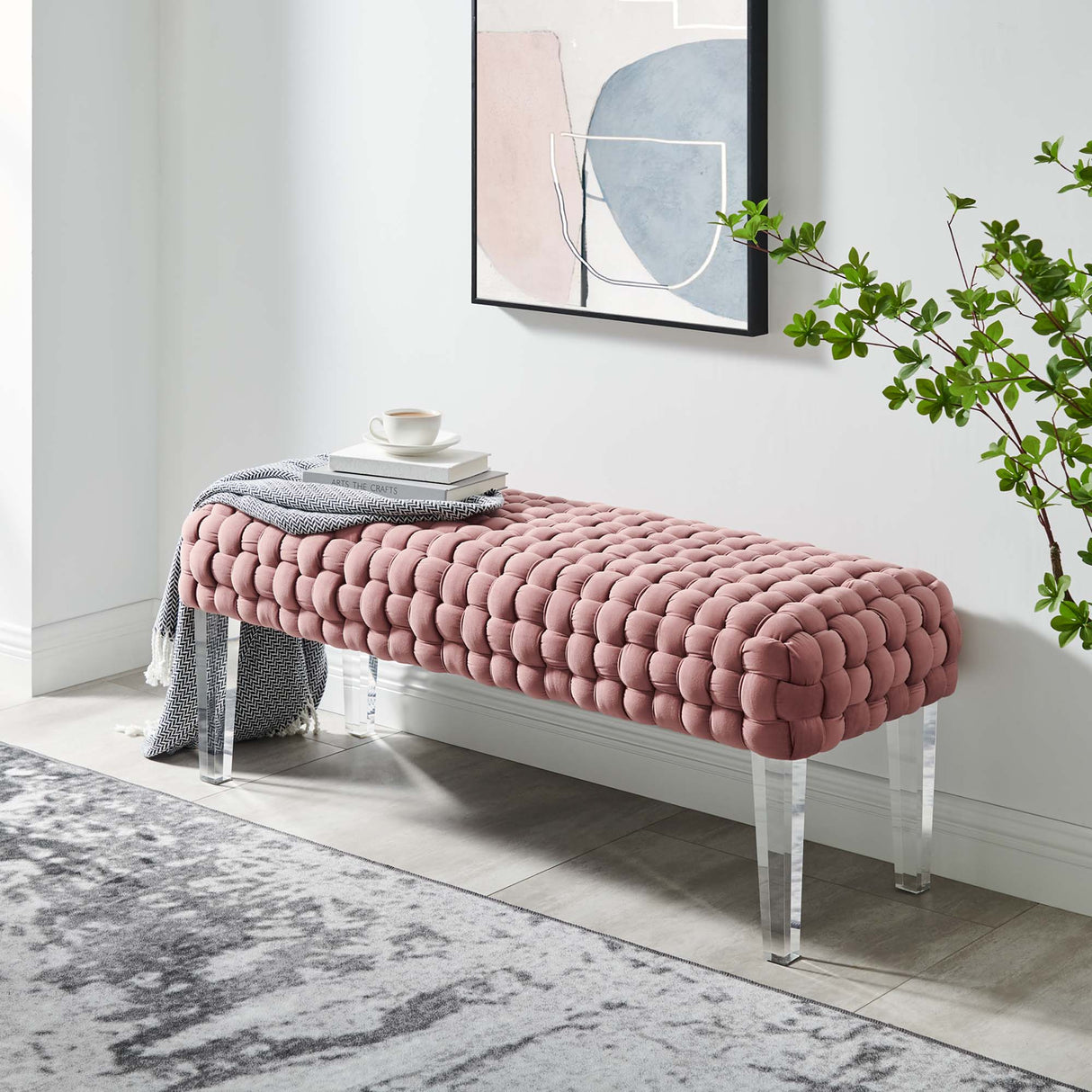 Prologue Woven Performance Velvet Ottoman - Mid-Century Modern & Clear Acrylic Legs