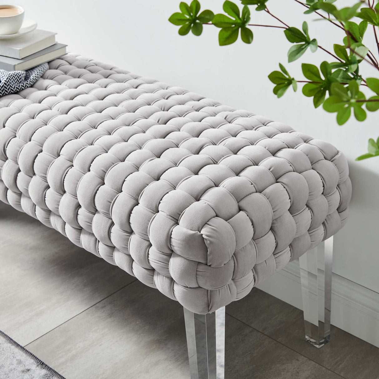 Prologue Woven Performance Velvet Ottoman - Mid-Century Modern & Clear Acrylic Legs