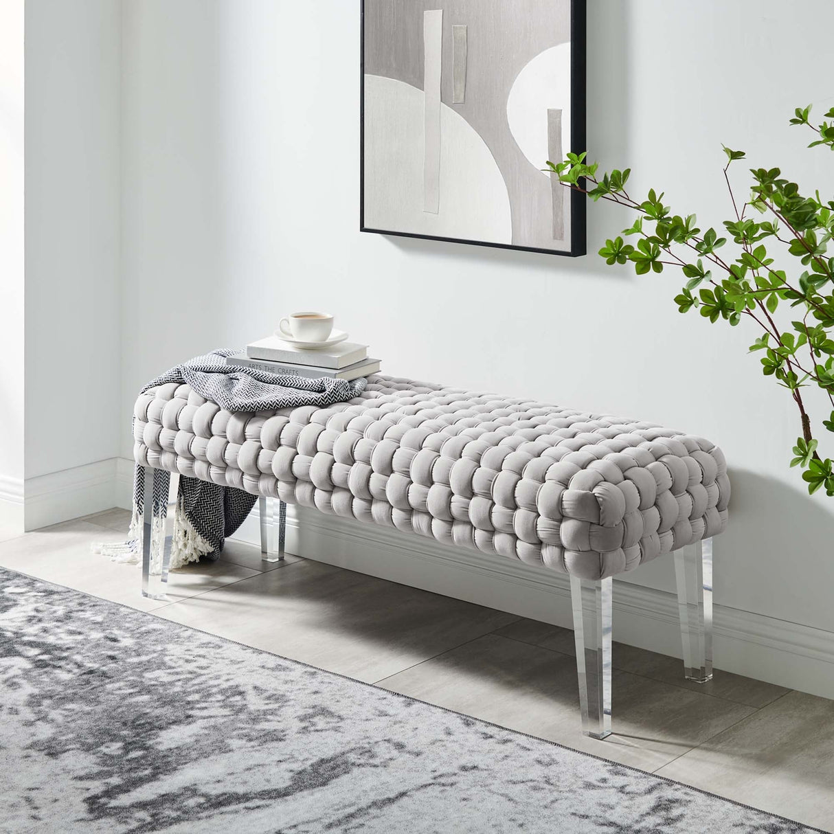 Prologue Woven Performance Velvet Ottoman - Mid-Century Modern & Clear Acrylic Legs