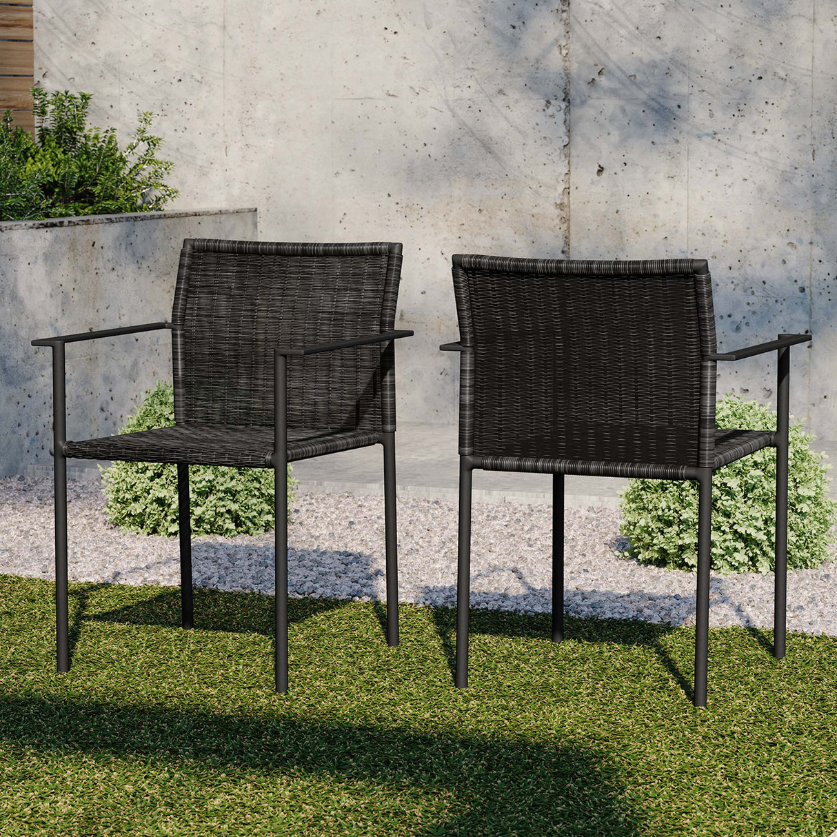 Lagoon Outdoor Patio Wicker Rattan Dining Armchairs Set of 2 - Modern & Weather-Resistant Backyard Seating