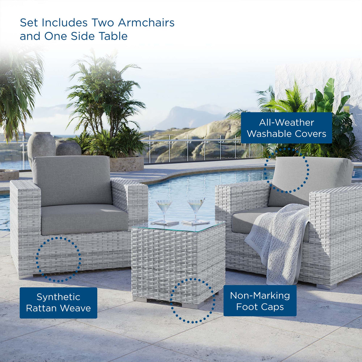 Convene 3-Piece Outdoor Patio Set - Modern Coastal & Weather-Resistant Wicker