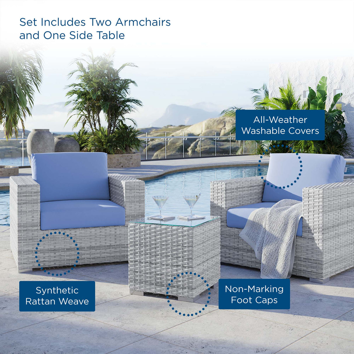 Convene 3-Piece Outdoor Patio Set - Modern Coastal & Weather-Resistant Wicker
