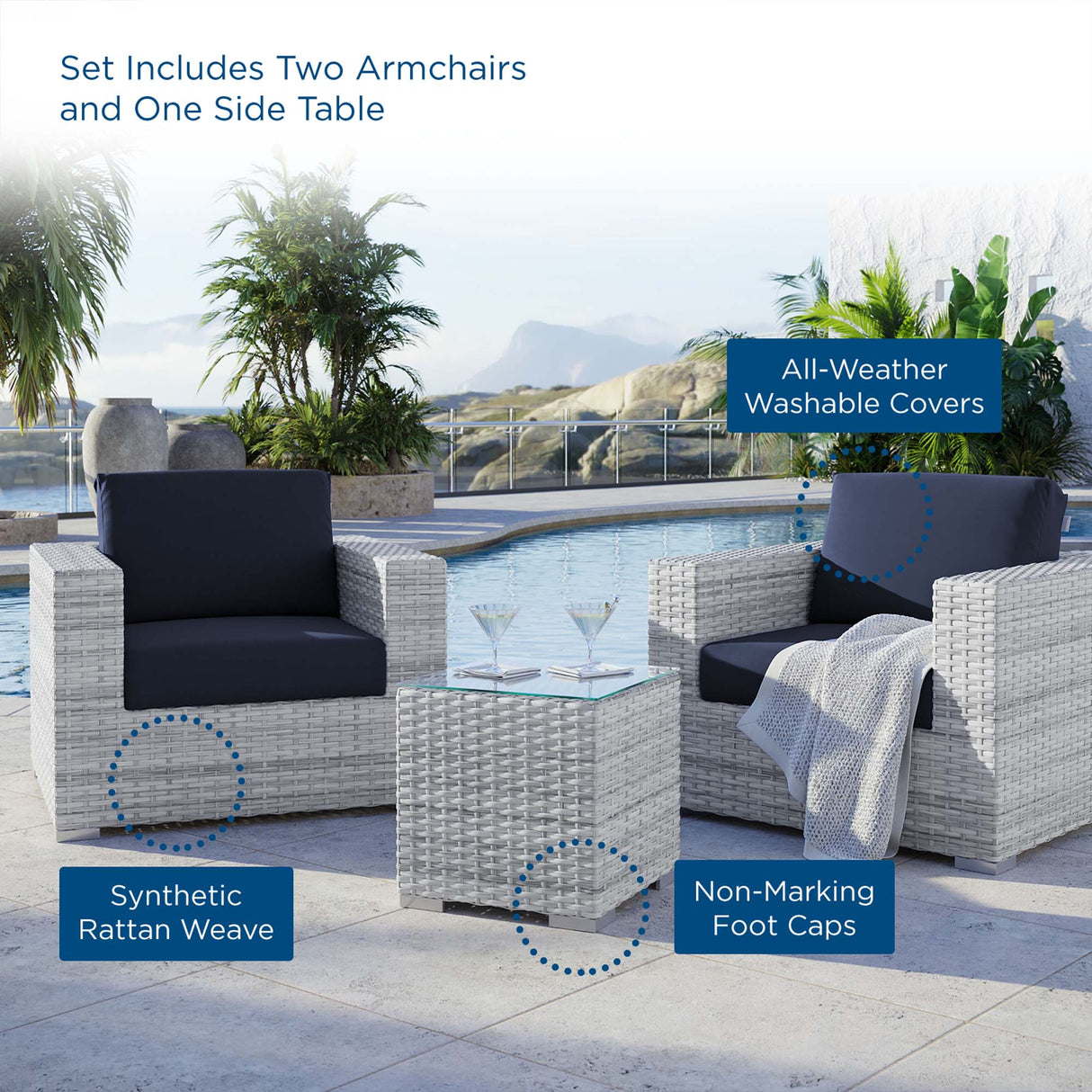 Convene 3-Piece Outdoor Patio Set - Modern Coastal & Weather-Resistant Wicker