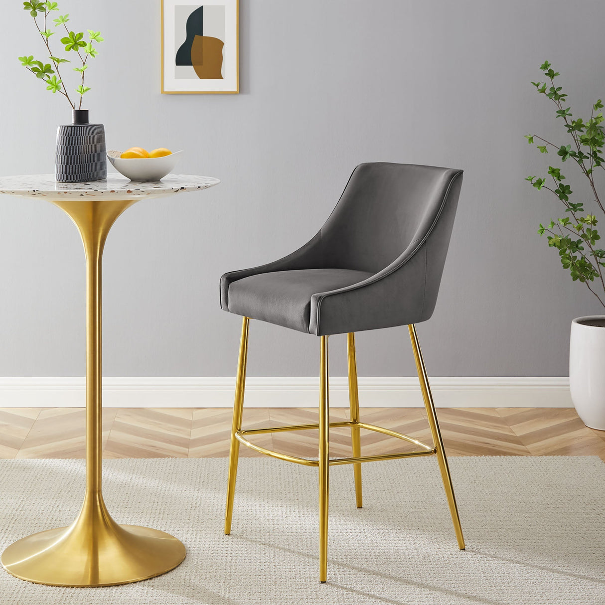 Discern Performance Velvet Bar Stool - Mid-Century Modern & Brushed Gold Accents