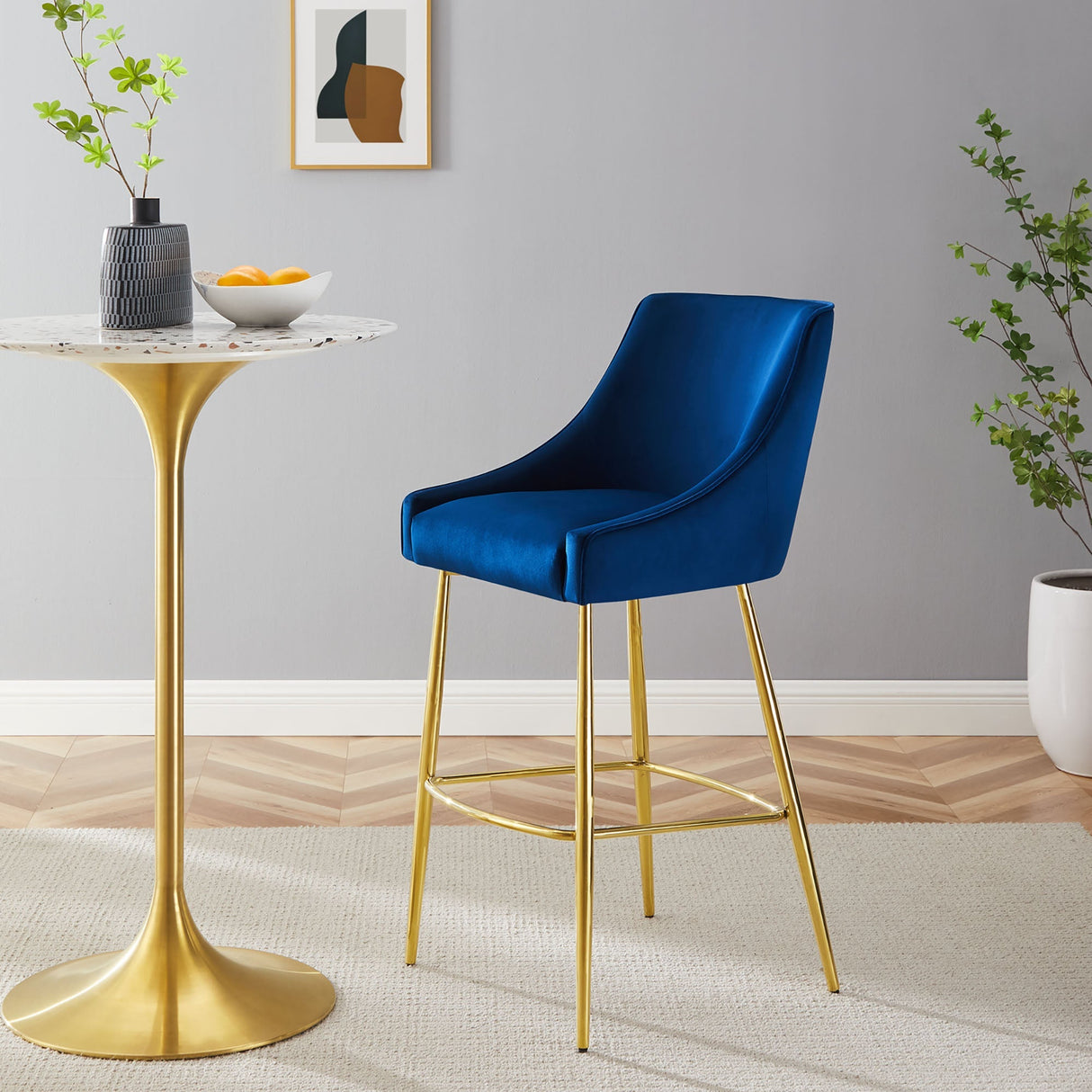 Discern Performance Velvet Bar Stool - Mid-Century Modern & Brushed Gold Accents