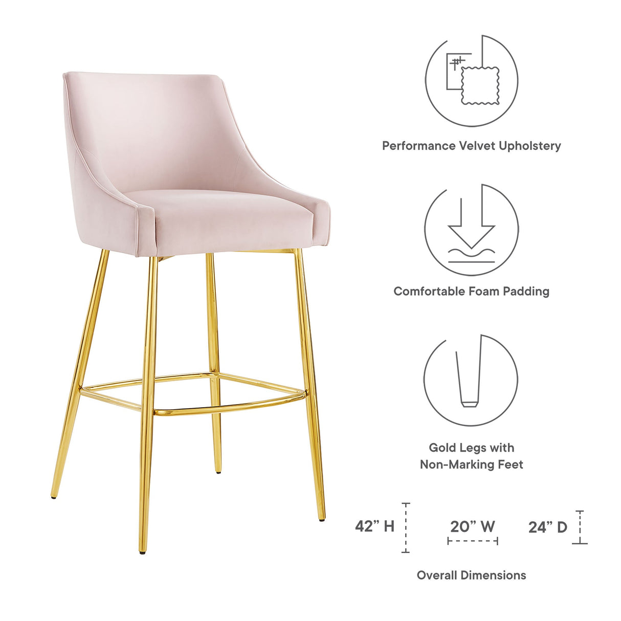 Discern Performance Velvet Bar Stool - Mid-Century Modern & Brushed Gold Accents