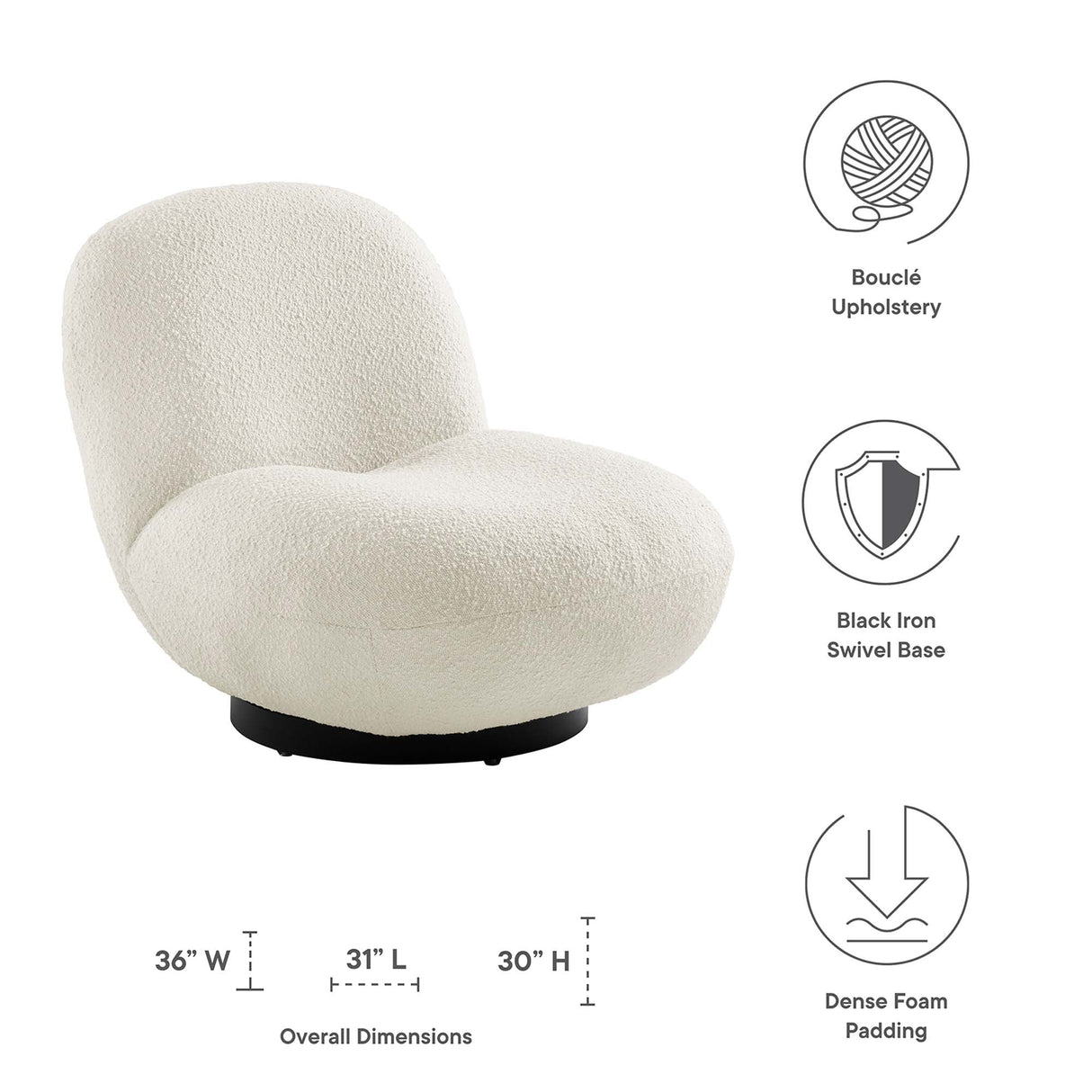 Kindred Boucle Upholstered Swivel Chair - Mid-Century Modern & 360-Degree Function