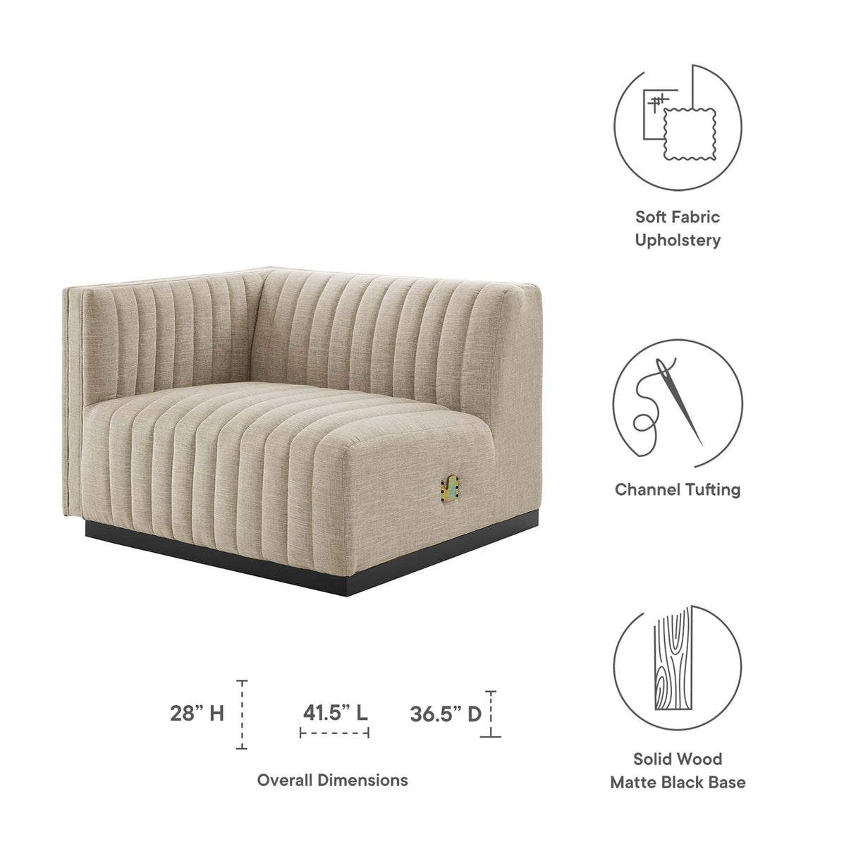 Conjure Channel Tufted Upholstered Fabric Left-Arm Chair - Modern Glam & Modular Seating