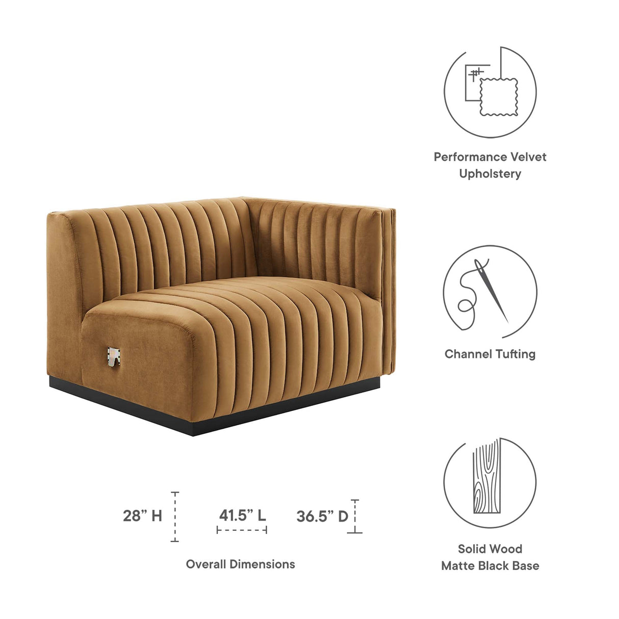 Conjure Channel Tufted Performance Velvet Right-Arm Chair - Modern Glam & Stain-Resistant