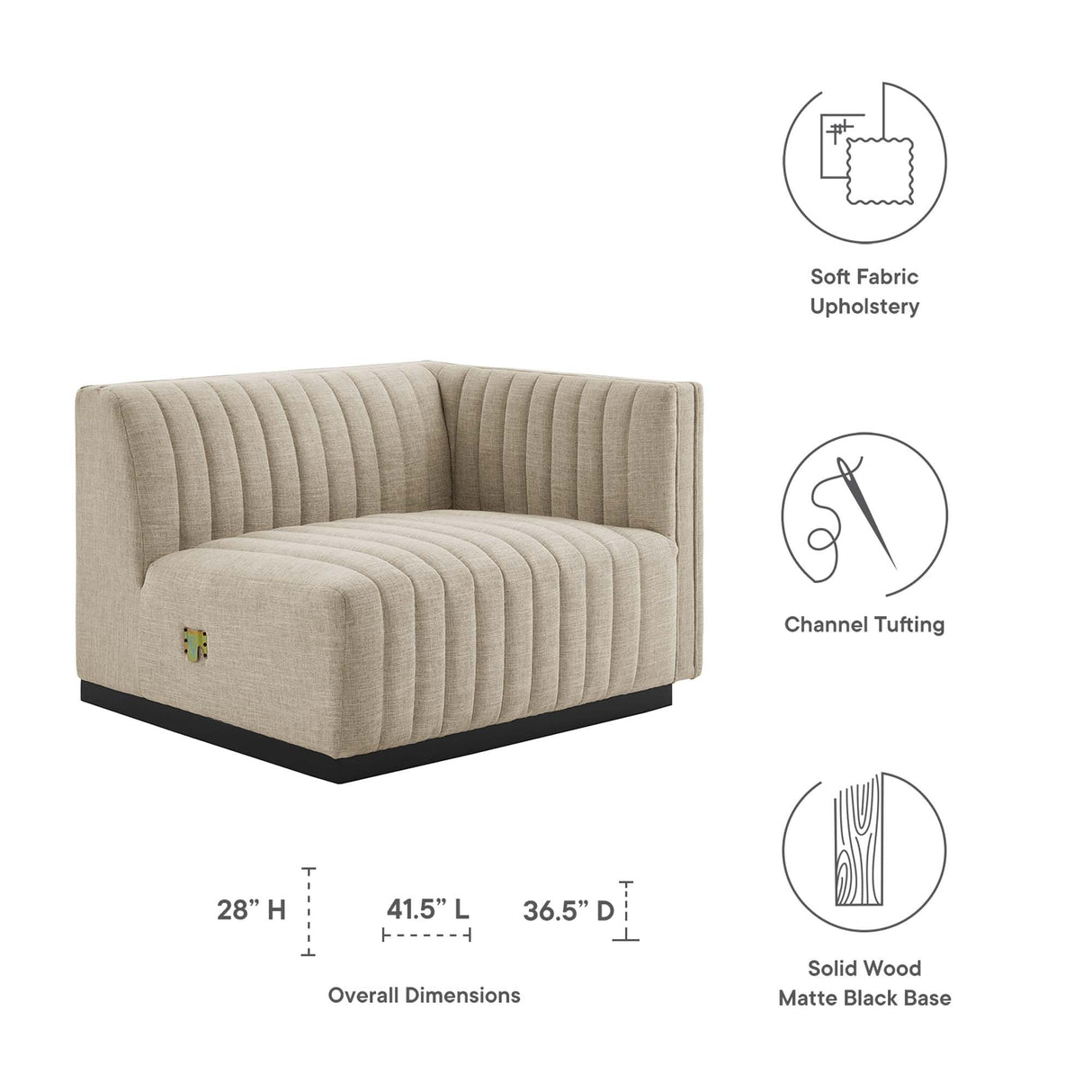 Conjure Channel Tufted Upholstered Fabric Right-Arm Chair - Modern Glam & Modular Sectional Seating