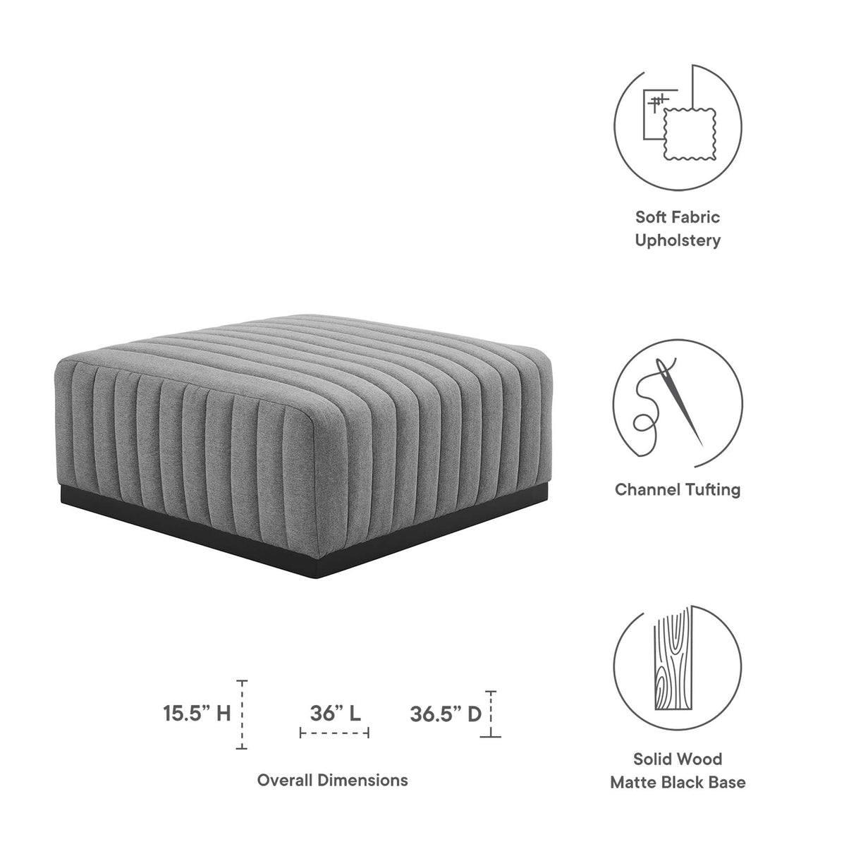 Conjure Channel Tufted Upholstered Fabric Ottoman - Modern Glam & Vertical Piping Accent