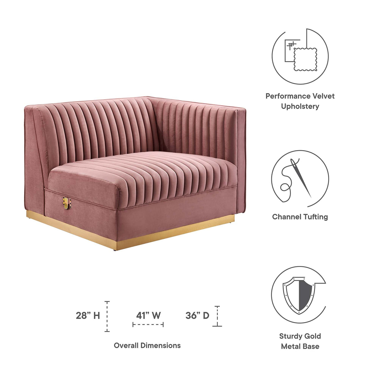 Sanguine Channel Tufted Performance Velvet Modular Sectional Sofa Right-Arm Chair - Retro Modern Glamour & Stain-Resistant Modular Seating