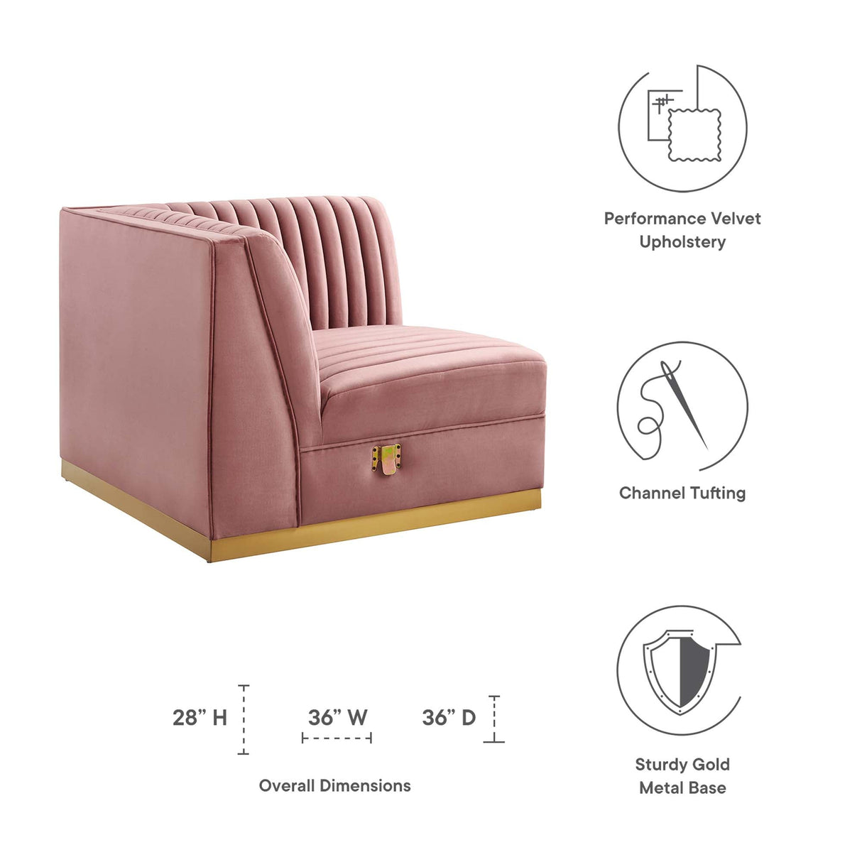 Sanguine Channel Tufted Performance Velvet Modular Sectional Sofa Right Corner Chair - Glam Deco & Modular Seating