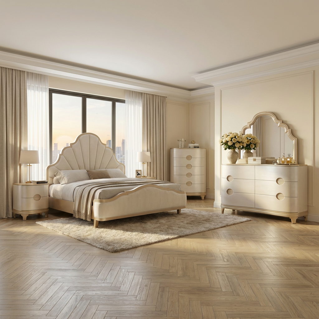 Elegant Soft Modern Curved Design King Elizabeth Bedroom Set in Neutral Wood