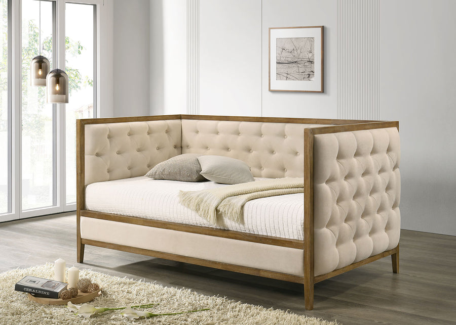 Adara Transitional Diamond-Tufted Twin Daybed - Beige Fabric with Natural Oak Wood Trim