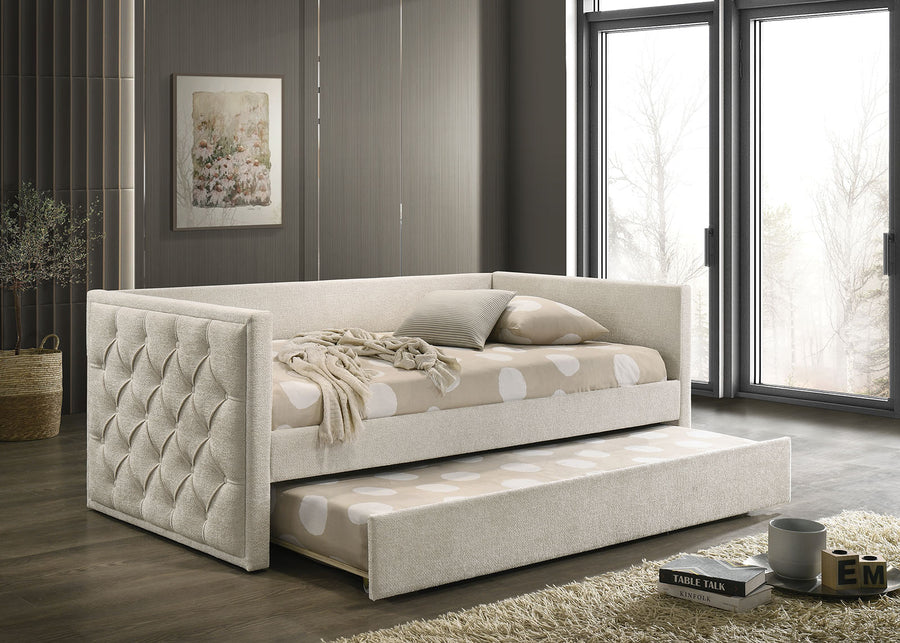 Renzi Transitional Upholstered Twin Daybed with Trundle - Diamond Button Tufting in Beige or Gray