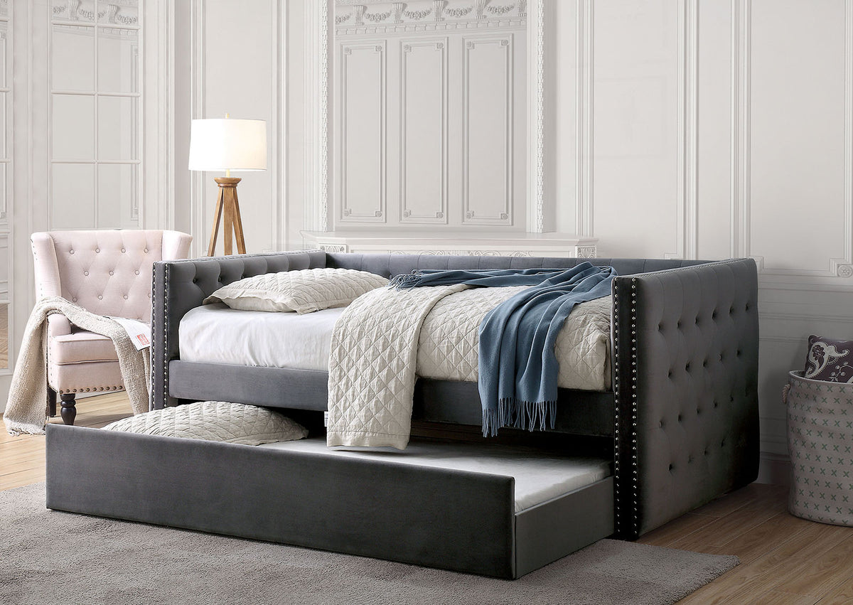 Susanna Tuxedo Button-Tufted Daybed with Trundle - Gray