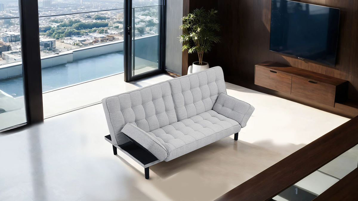 Bellevue Contemporary Futon Sofa Bed - Biscuit Tufted with Adjustable Arms in Light Gray – Gray, view 2