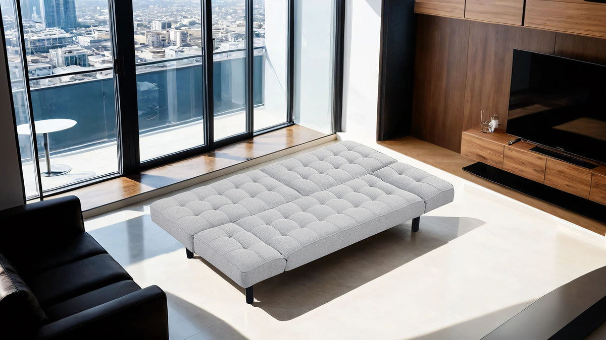 Bellevue Contemporary Futon Sofa Bed - Biscuit Tufted with Adjustable Arms in Light Gray – Gray, view 3