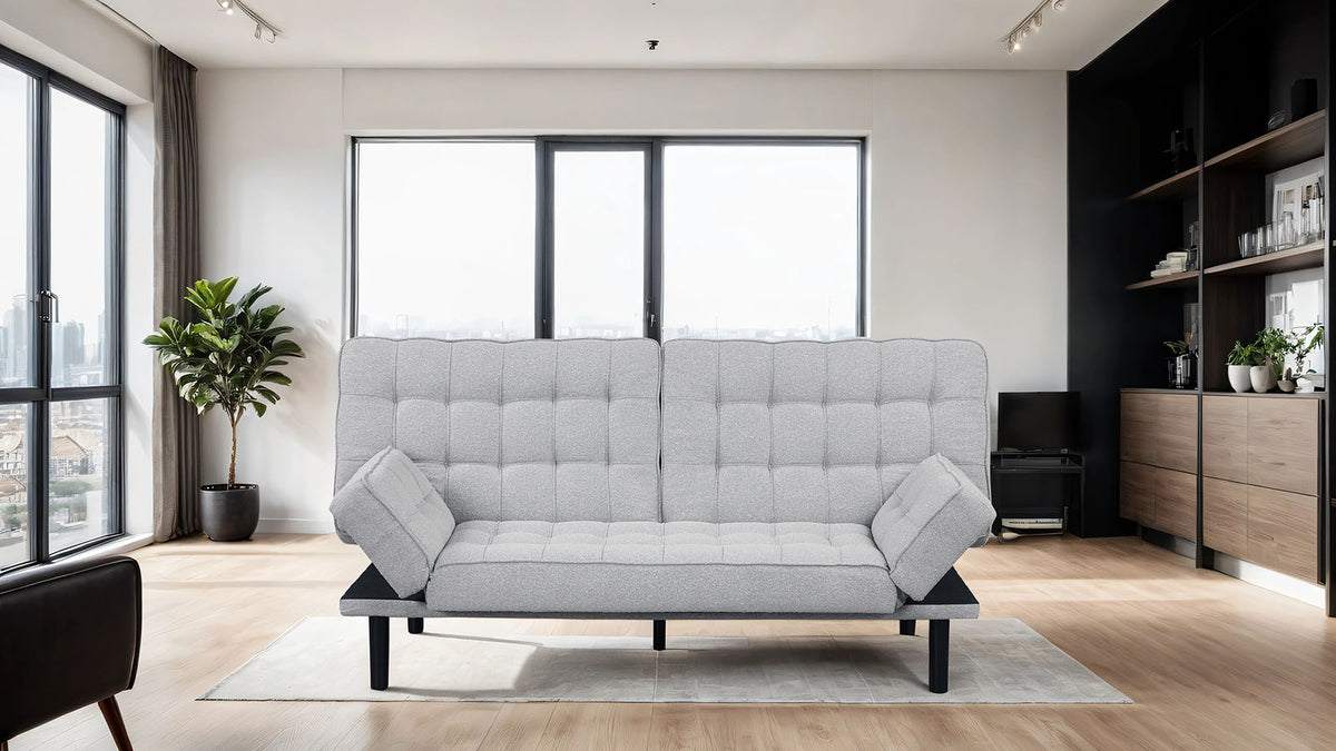 Bellevue Contemporary Futon Sofa Bed - Biscuit Tufted with Adjustable Arms in Light Gray – Gray, view 5