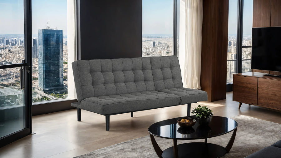 Napervill Contemporary Convertible Futon Sofa - Biscuit Tufted with Adjustable Headrests in Dark Gray