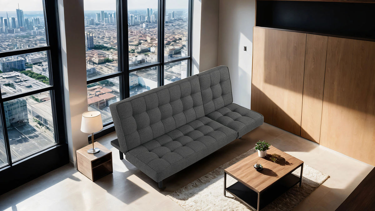 Napervill Contemporary Convertible Futon Sofa - Biscuit Tufted with Adjustable Headrests in Dark Gray – Gray, view 3