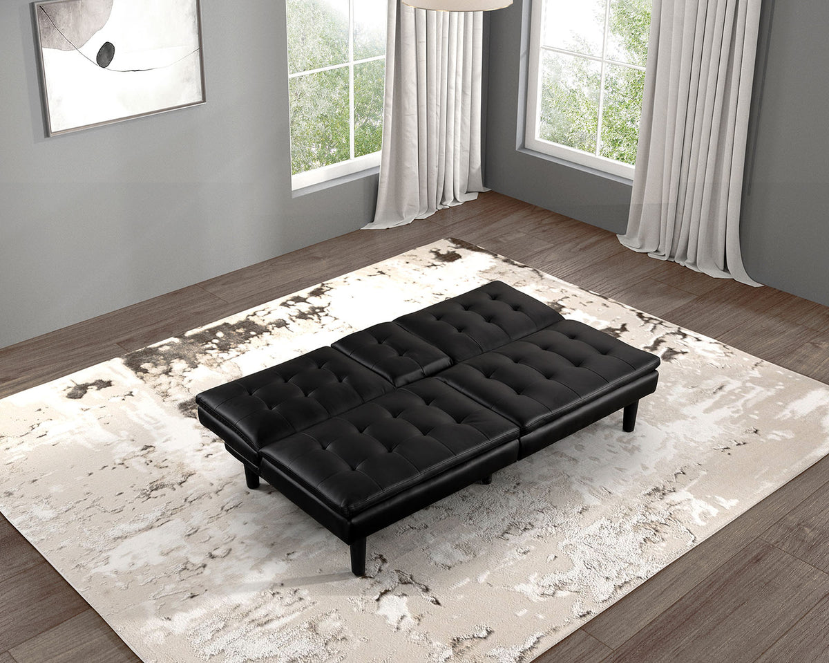 Eidsberg Futon Sofa Bed with Drop-Down Table & USB Charger - Biscuit Tufted Leatherette – Black & Brown, view 6