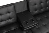 Eidsberg Futon Sofa Bed with Drop-Down Table & USB Charger - Biscuit Tufted Leatherette – Black & Brown, view 7