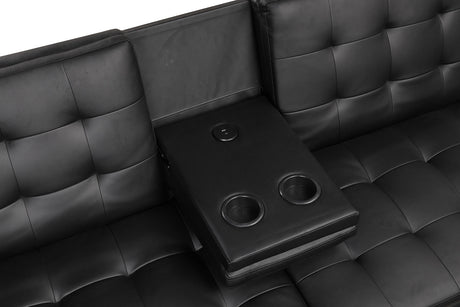 Eidsberg Futon Sofa Bed with Drop-Down Table & USB Charger - Biscuit Tufted Leatherette – Black & Brown, view 7