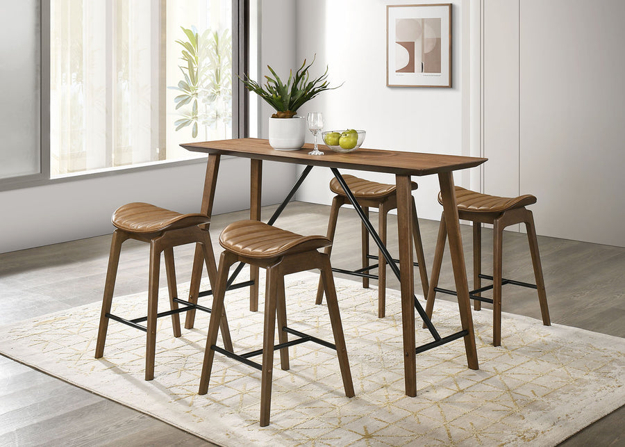 Klamath Mid-Century Modern Counter Height Table & Saddle Seat Chairs - Walnut with Iron Cross Bar
