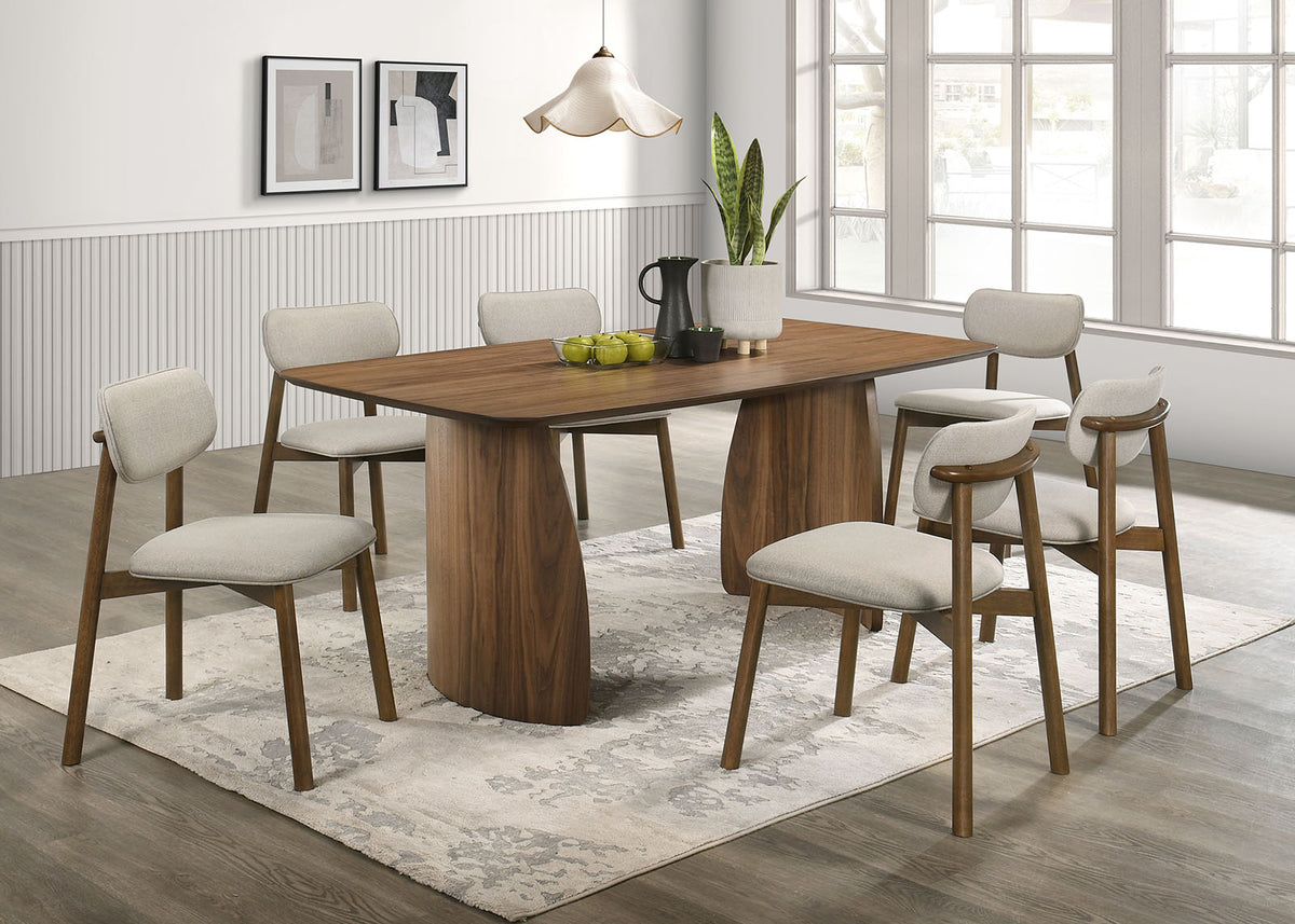 Alnwick Mid-Century Modern 71" Dining Table & Dining Set - Bentwood Trestle Base & Side Chairs in Walnut – Brown & Beige, view 2