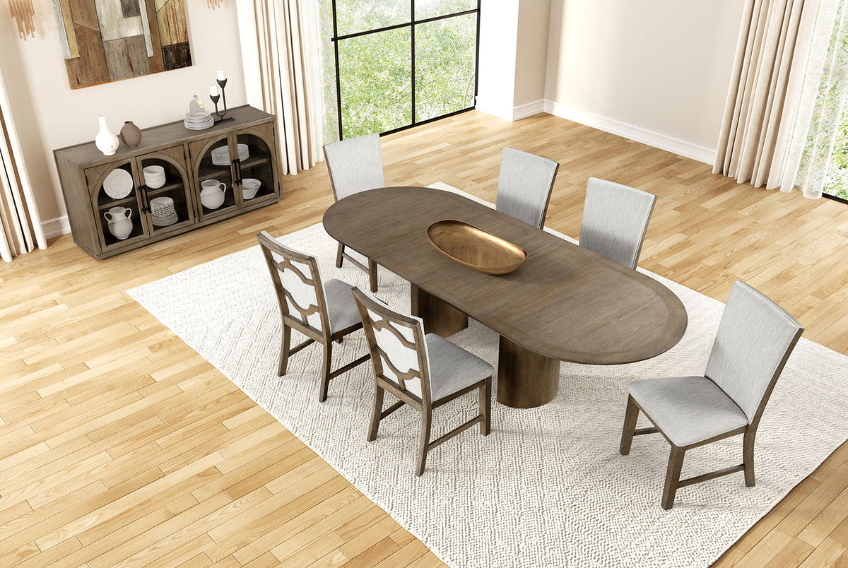 Clements Modern Farmhouse Dining Collection - 102" Extendable Plinth Table, Chairs & Glass-Door Sideboard in Oak – Natural & Brown, view 5