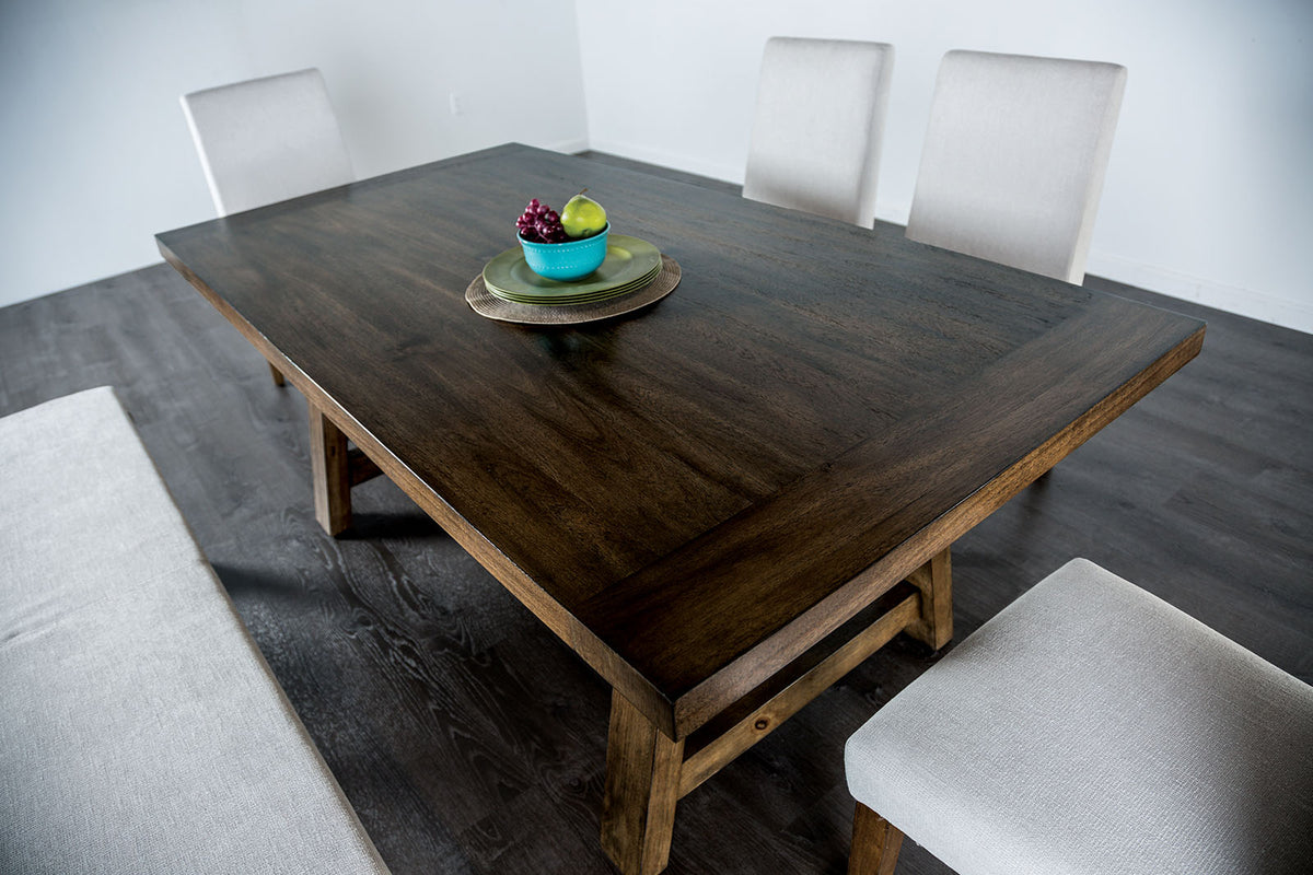 Losone Rustic 71.5" Trestle Dining Table & Set with Bench - Upholstered Seats in Brown & White – Brown & White, view 3