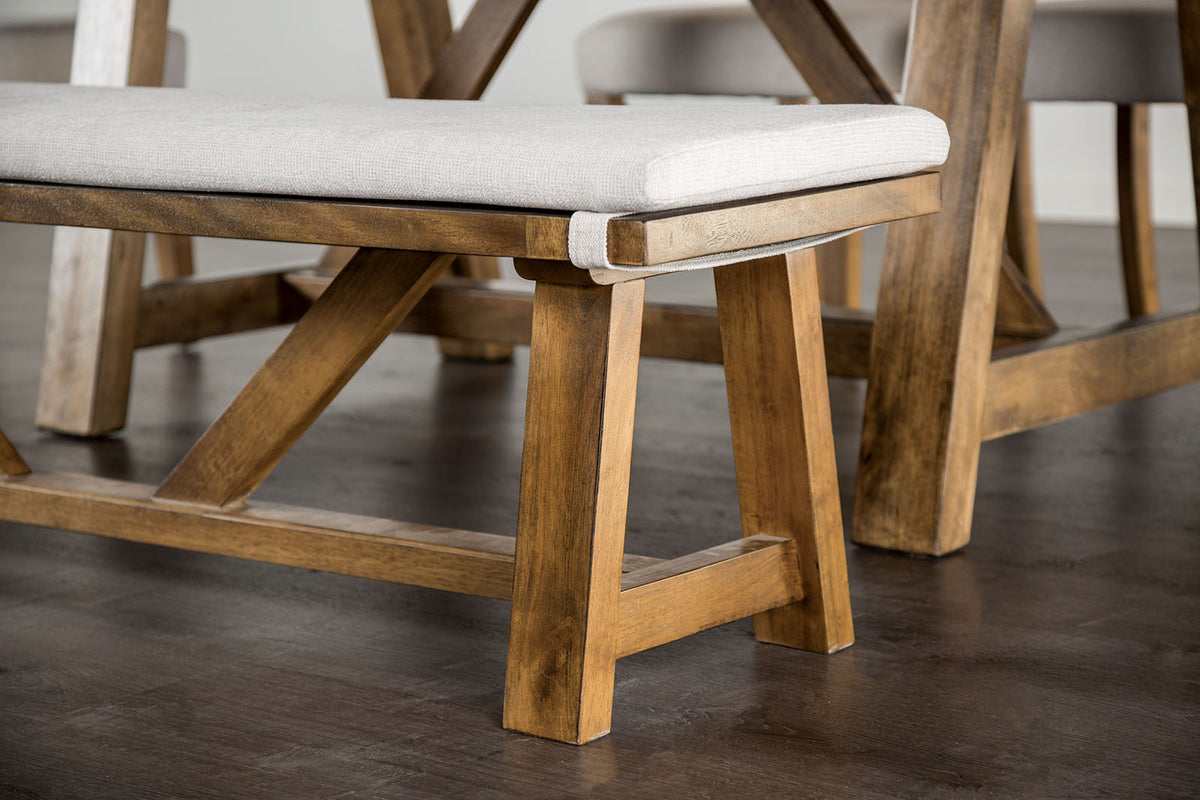 Losone Rustic 71.5" Trestle Dining Table & Set with Bench - Upholstered Seats in Brown & White – Brown & White, view 7