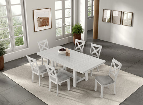 Ferrone Farmhouse 84" Extendable Dining Table & Set - Plank Top, Block Trestle Base & Cross Back Chairs in Rustic White Oak – Natural & White, view 3
