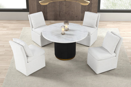Varde Glam 54" Round Marble Dining Table & Set - Reeded Plinth Base with Gold Trim & Boucle Chairs – Black & White, view 4