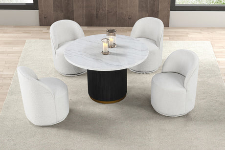 Varde Glam 54" Round Marble Dining Table & Set - Reeded Plinth Base with Gold Trim & Boucle Chairs – Black & White, view 5