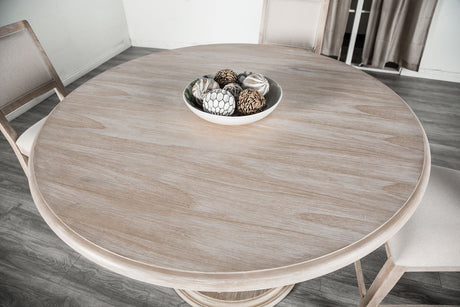 Orbetello Transitional 54" Round Counter Height Table & Padded Side Chairs - Tulip Pedestal Base in Distressed Natural – Natural & Beige, view 4