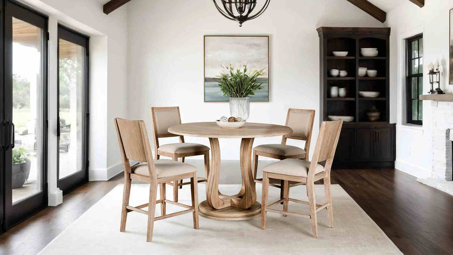 Orbetello Transitional 54" Round Counter Height Table & Padded Side Chairs - Tulip Pedestal Base in Distressed Natural