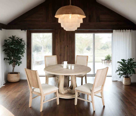 Orbetello Transitional 54" Round Counter Height Table & Padded Side Chairs - Tulip Pedestal Base in Distressed Natural – Natural & Beige, view 7