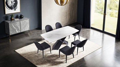 Lenvik Contemporary 71" Ceramic Top Dining Table & Set - Iron X-Base & Arched Stitch Upholstered Chairs in Black or Brown – Black & Brown, view 5