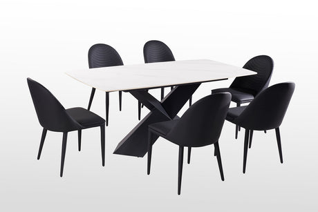 Lenvik Contemporary 71" Ceramic Top Dining Table & Set - Iron X-Base & Arched Stitch Upholstered Chairs in Black or Brown – Black & Brown, view 6