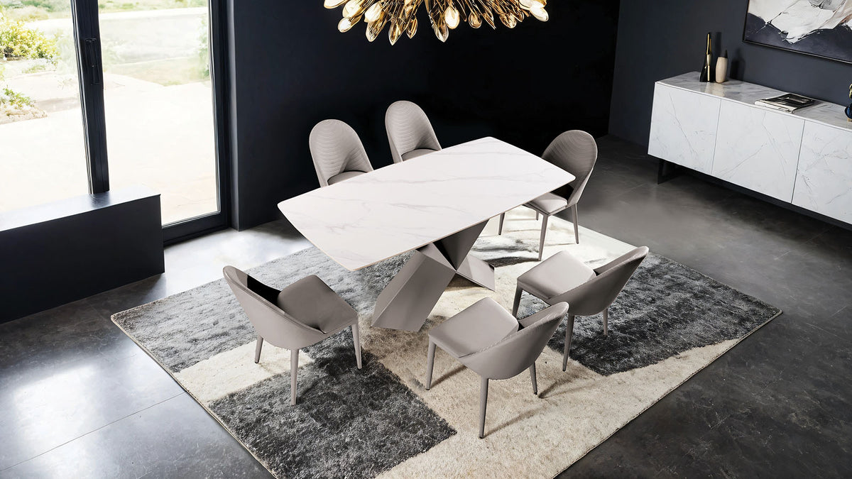 Lenvik Contemporary 71" Ceramic Top Dining Table & Set - Iron X-Base & Arched Stitch Upholstered Chairs in Black or Brown – Black & Brown, view 15