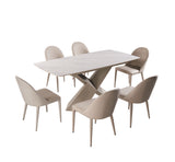 Lenvik Contemporary 71" Ceramic Top Dining Table & Set - Iron X-Base & Arched Stitch Upholstered Chairs in Black or Brown – Black & Brown, view 16