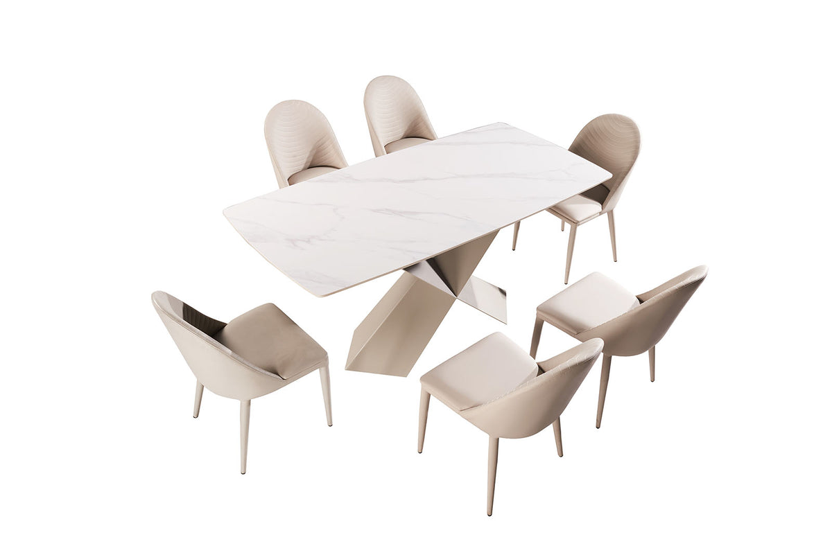 Lenvik Contemporary 71" Ceramic Top Dining Table & Set - Iron X-Base & Arched Stitch Upholstered Chairs in Black or Brown – Black & Brown, view 17