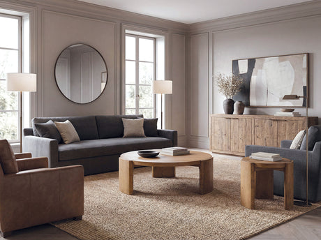 Poltimore Round Plinth-Base Cocktail & End Table - Contemporary Oak – Natural & Brown, view 3