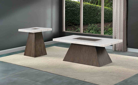 Grasten Contemporary Square Coffee & End Table - Marble Top with Tapered Dark Walnut Base – Brown & White, view 3