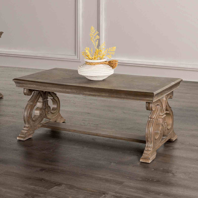 Giordani Traditional Occasional Tables - Carved Details & Scroll Legs in Weathered Oak